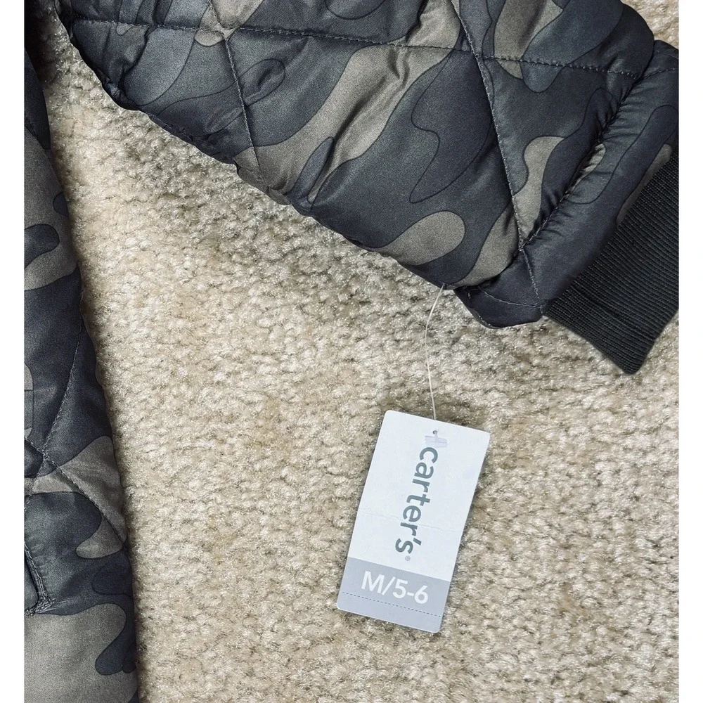Carters Toddler Boys Camo Puffer Jacket Orange Lined Hooded Coat Green M 5/6 NWT